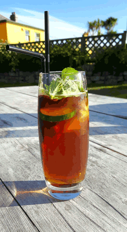 A glass of pimms at the Gurnard's Head near Zennor, West Cornwall