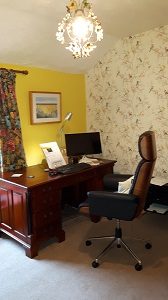 Study with colourful walls and mahogany desk